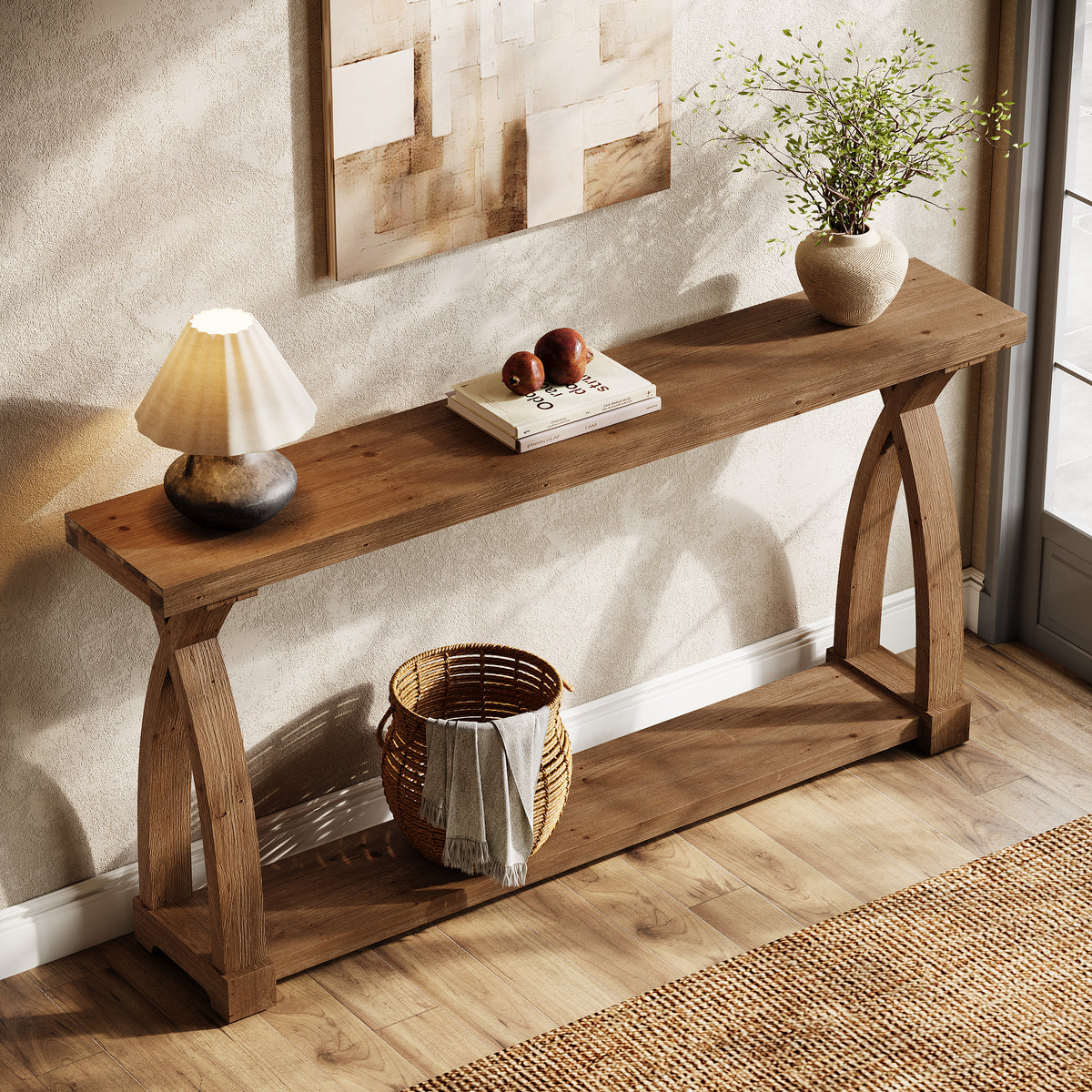 160cm Console Table, Narrow Solid Wood 2-Tier for Hallway Living Room