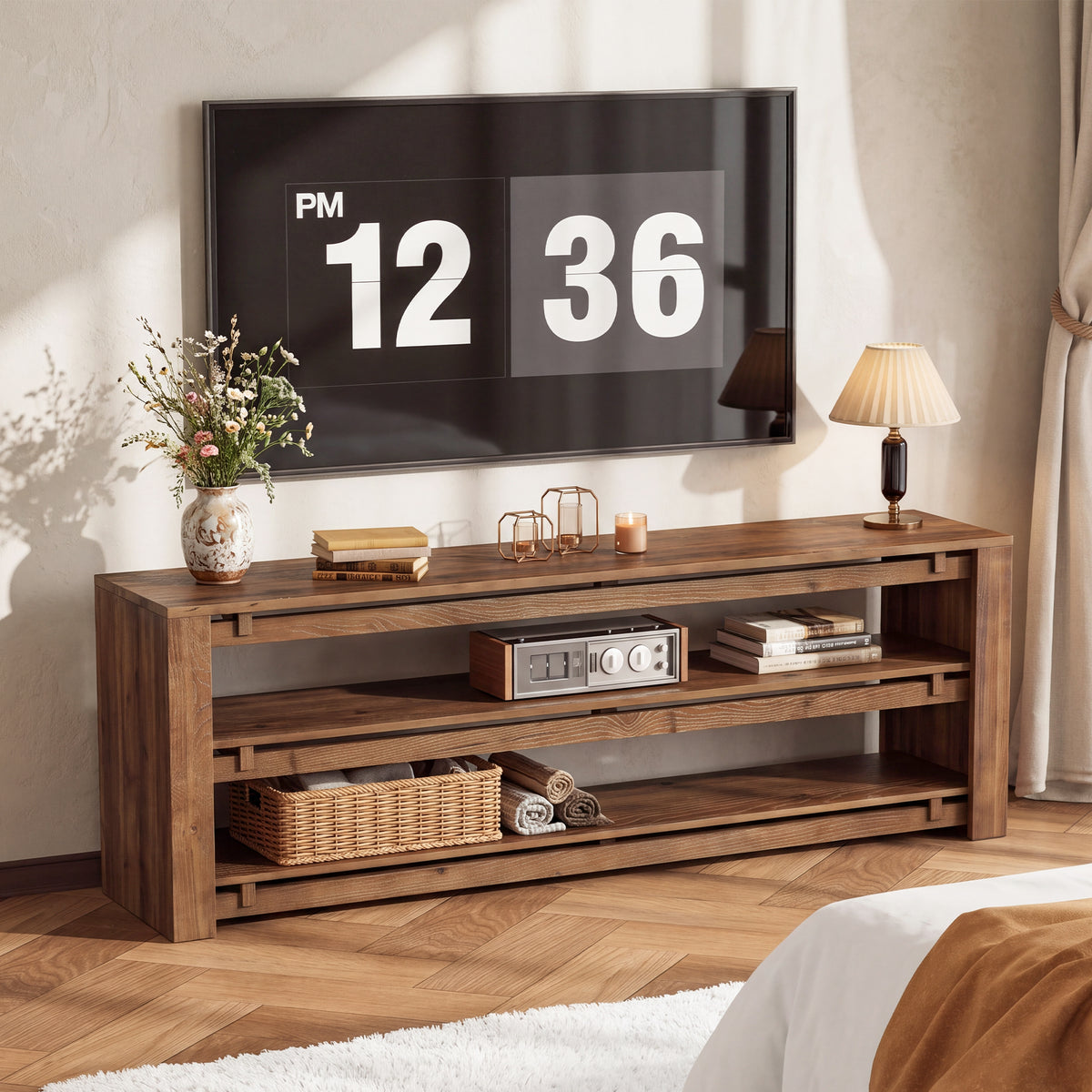 160cm TV Stand, Solid Wood 3-Tier Console with Storage for TVs up to 75"