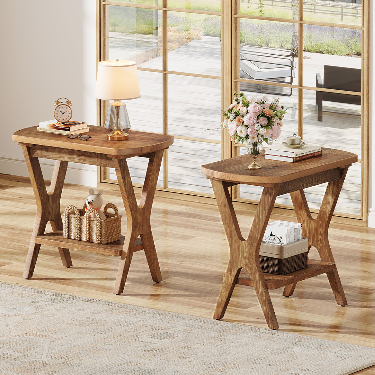 50cm Side Table, Solid Wood 2-Tier End Table Nightstand with Storage for Living Room