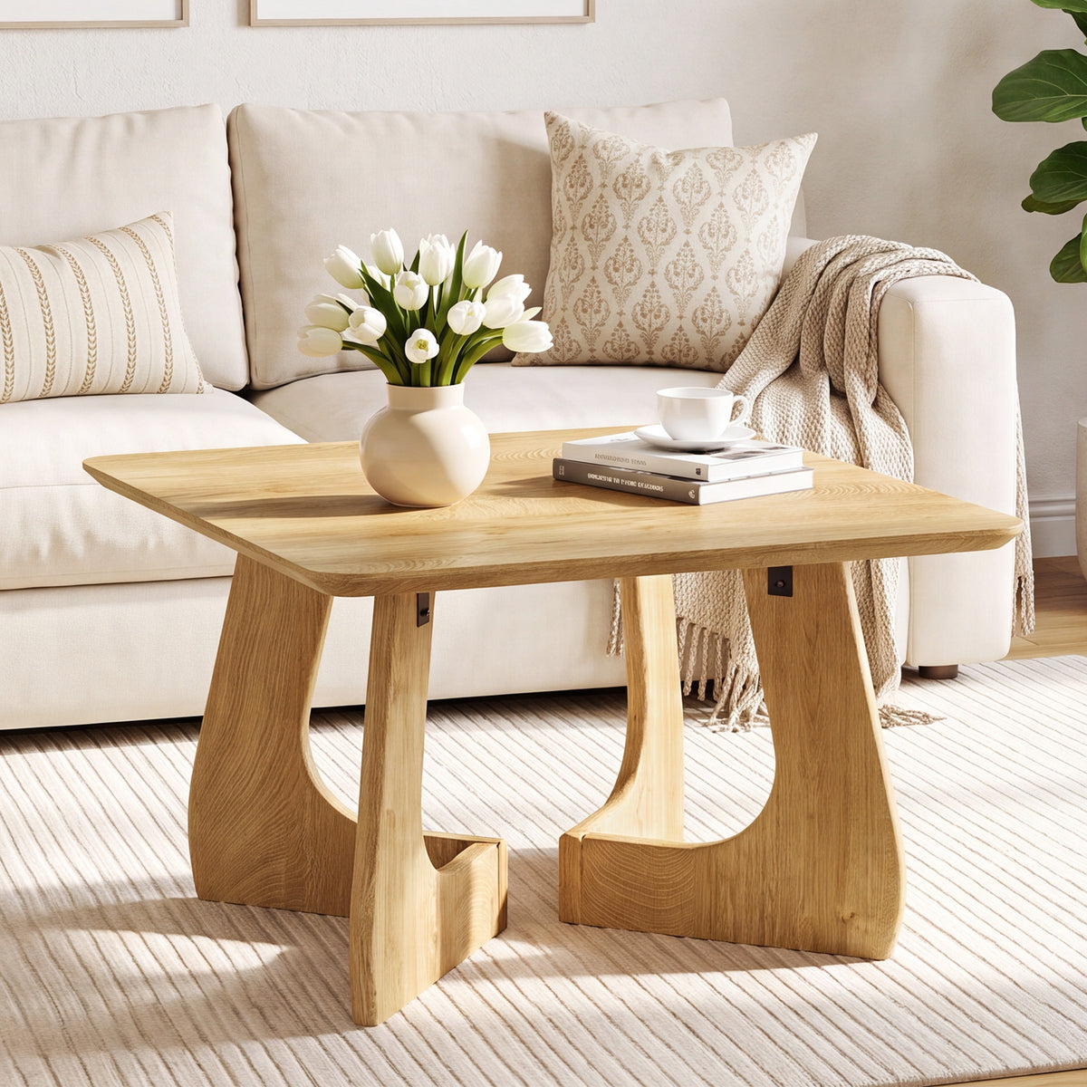 80cm Square Coffee Table, Modern Sculptural Wood Frame for Living Room