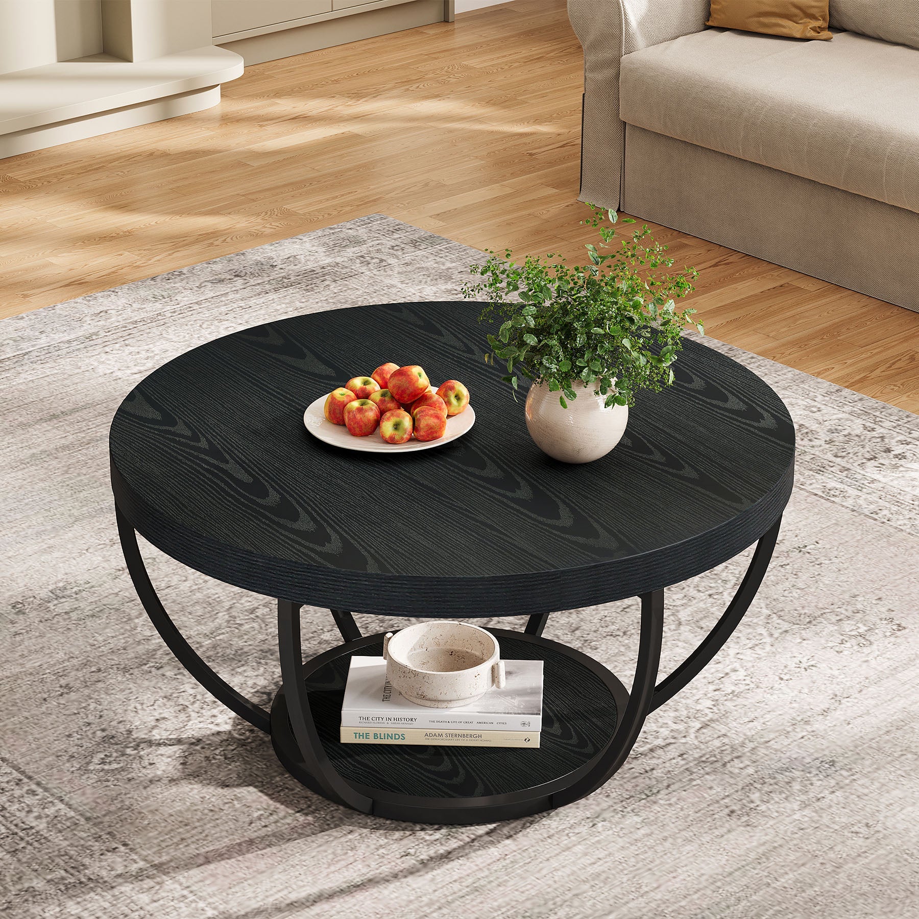 31.69" Round Wooden Coffee Table, 2-Tier Central Cocktail Table with Shelves