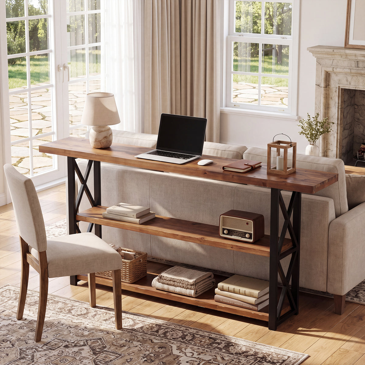 160cm Console Table, 3-Tier Solid Wood Narrow Sofa Table