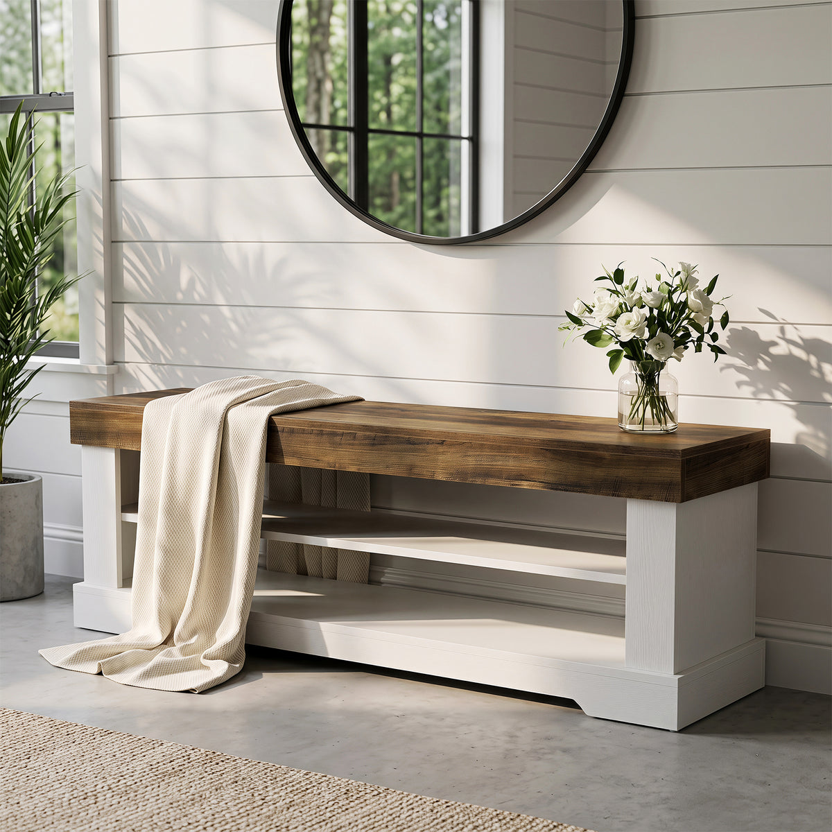 100cm Shoe Bench, Wooden Entryway Bench with 3-Tier Open Storage
