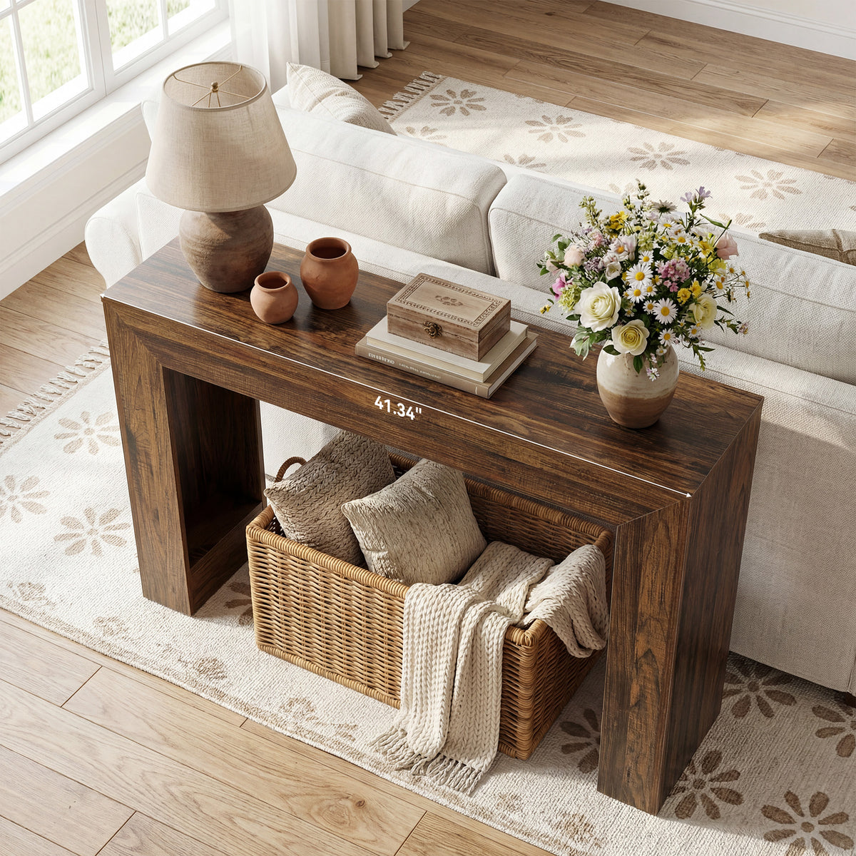105cm Console Table, Wood-Look Entryway Table with Double Pedestal Base