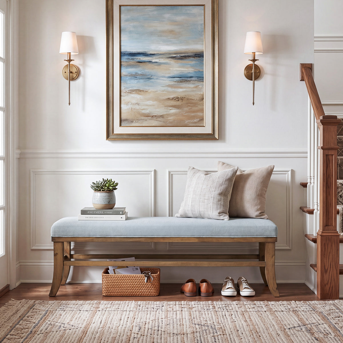 140cm Entryway Bench, Upholstered Wooden Bench with Linen Cushion & Solid Pine Frame