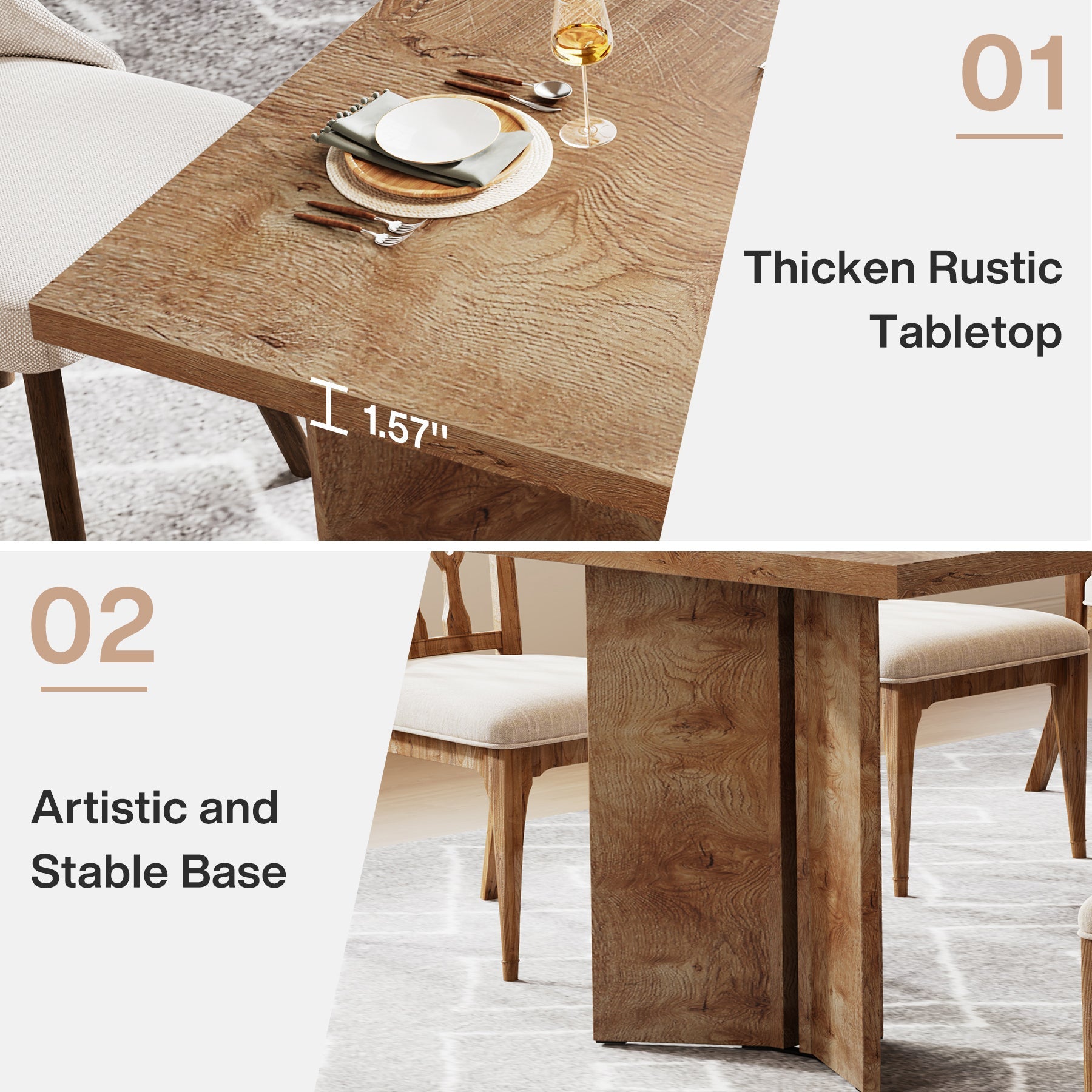 63" Farmhouse Dining Table, Kitchen Table with Large Tabletop for 4-6