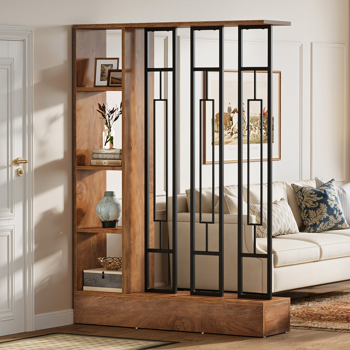 180cm Room Divider, Freestanding Display Shelf with Metal Frame