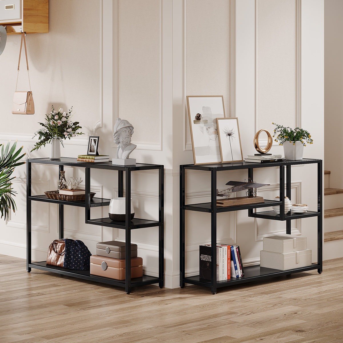 110cm Console Table, 4-Tier Black Entryway Storage Shelf with Metal Frame