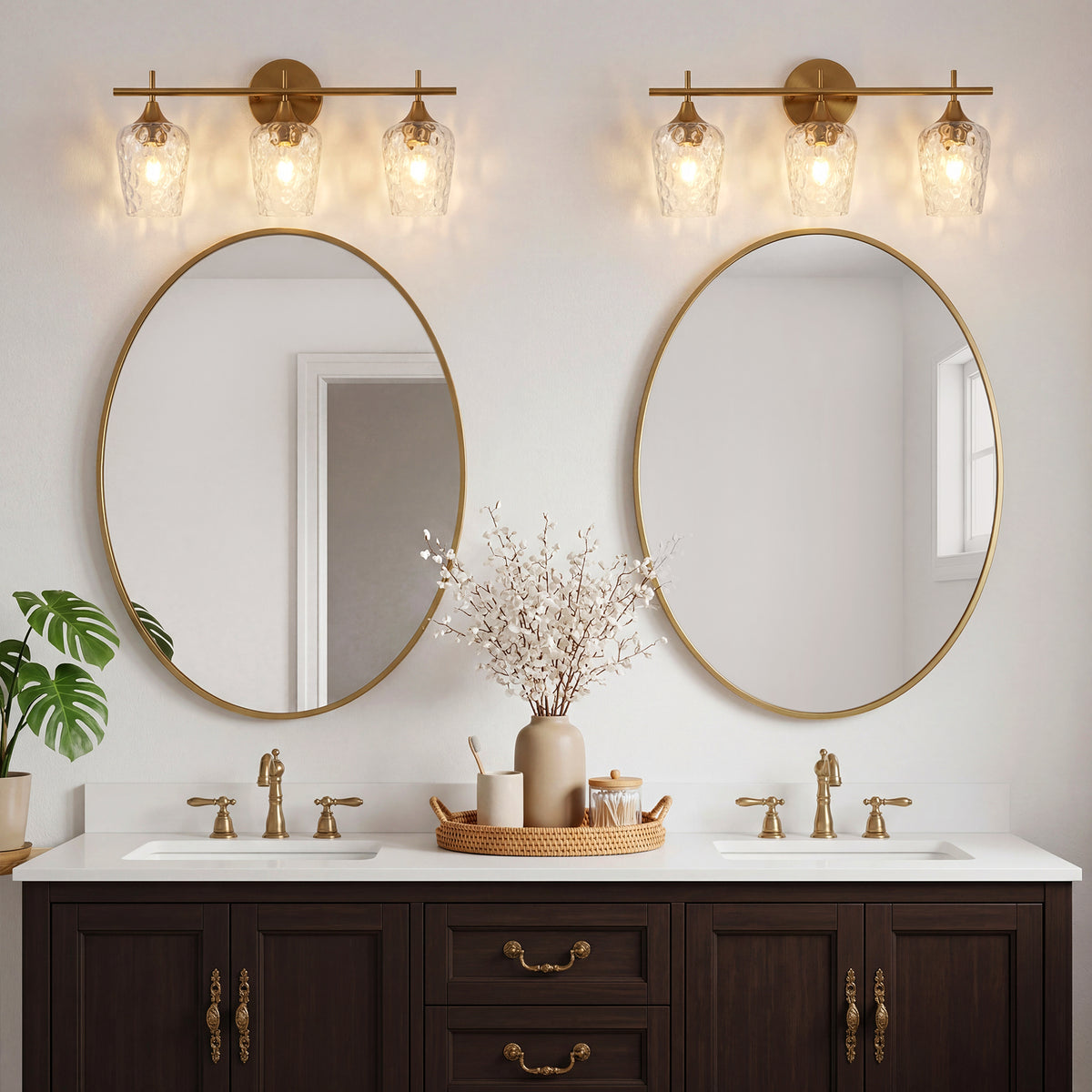 3-Light Gold Bathroom Vanity Light, Textured Glass Wall Sconce