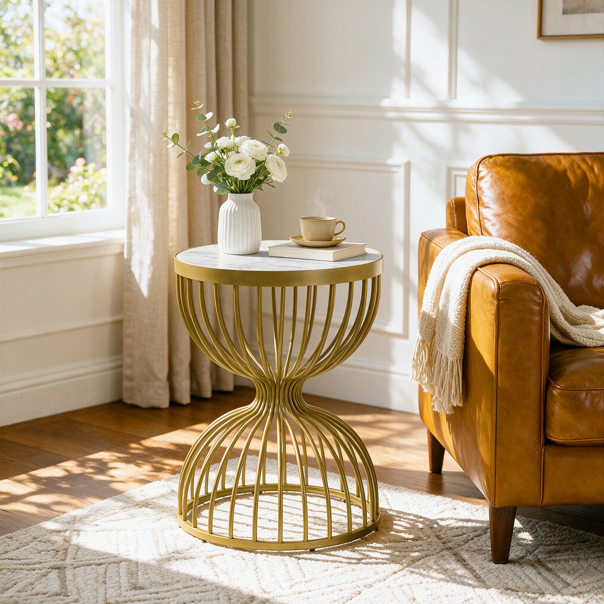 50cm Round End Table, Modern Accent Side Table with Faux Marble Top & Metal Frame