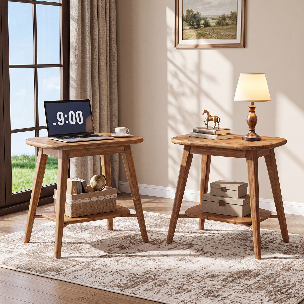 50cm End Table, Farmhouse 2-Tier Solid Wood Side Table with Rounded Corners