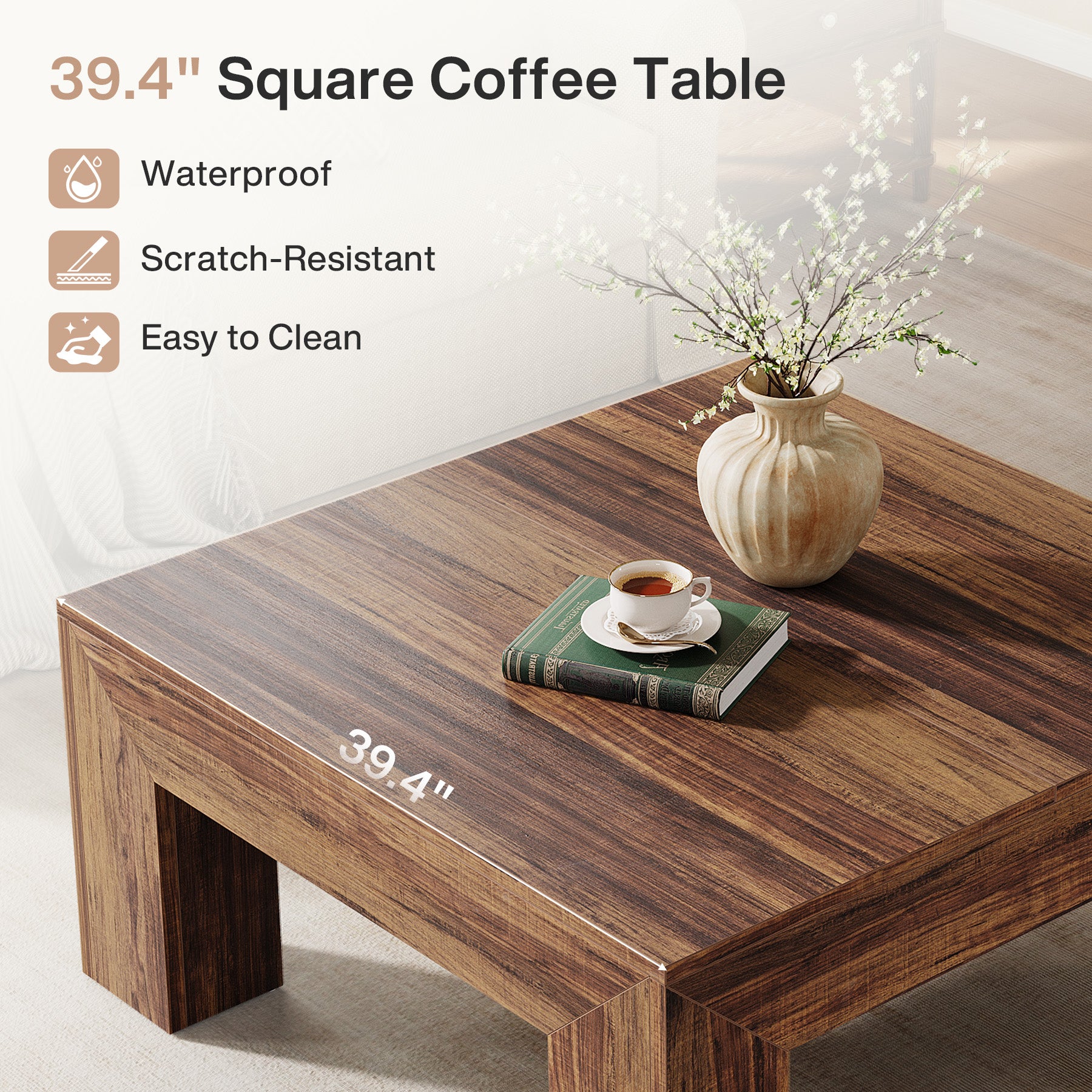 39" Square Farmhouse Coffee Table, Tea Table with Sturdy Wood Legs