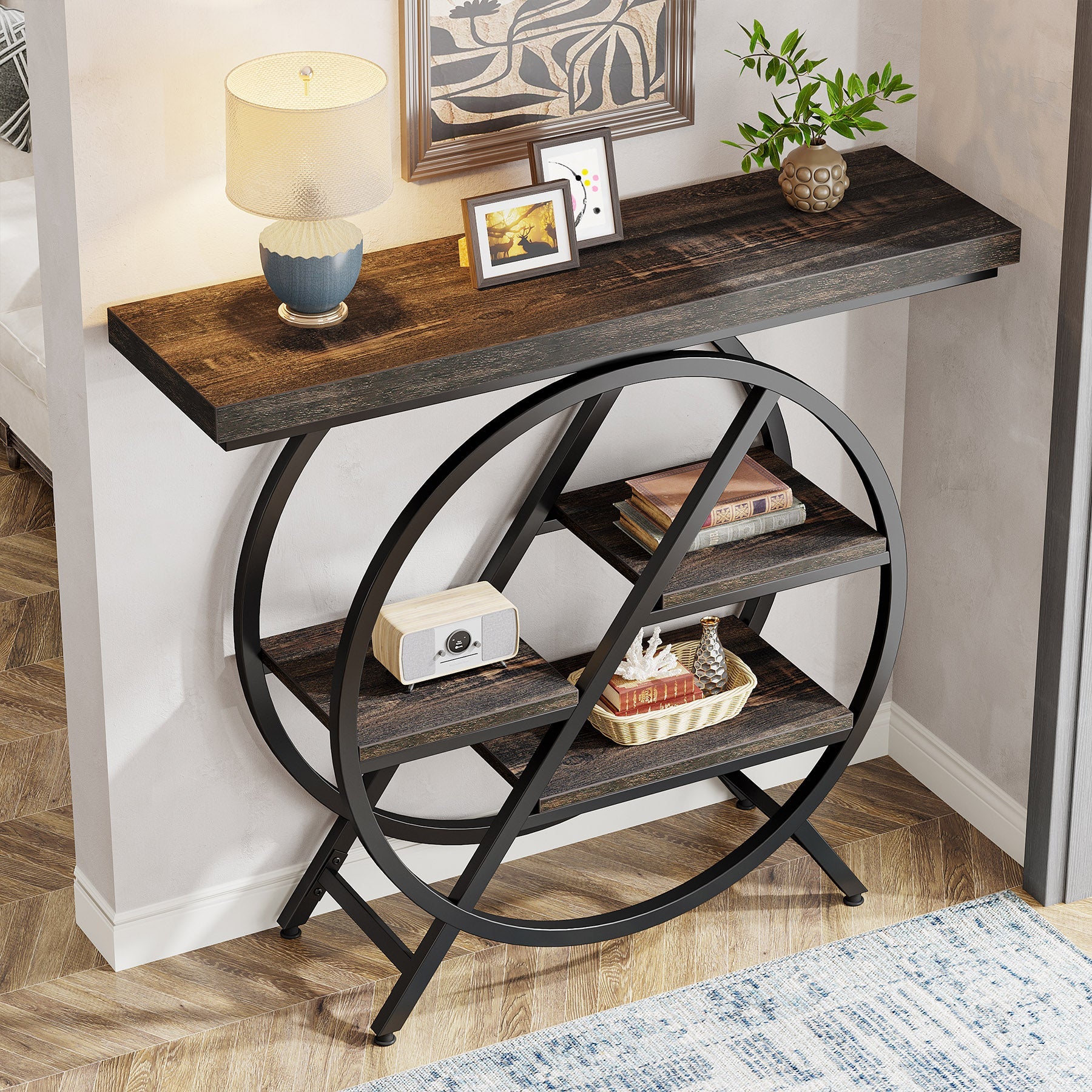 39.4" 4-Tier Console Table, Entryway Table with Geometric Metal Frame