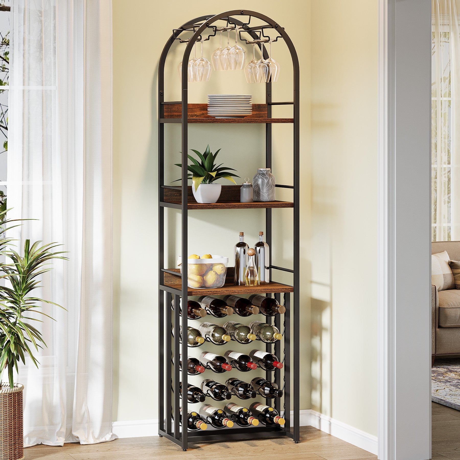 72.04" Tall Wine Rack with Glass Holder, Industrial Metal Wine Storage Stand with Tabletop