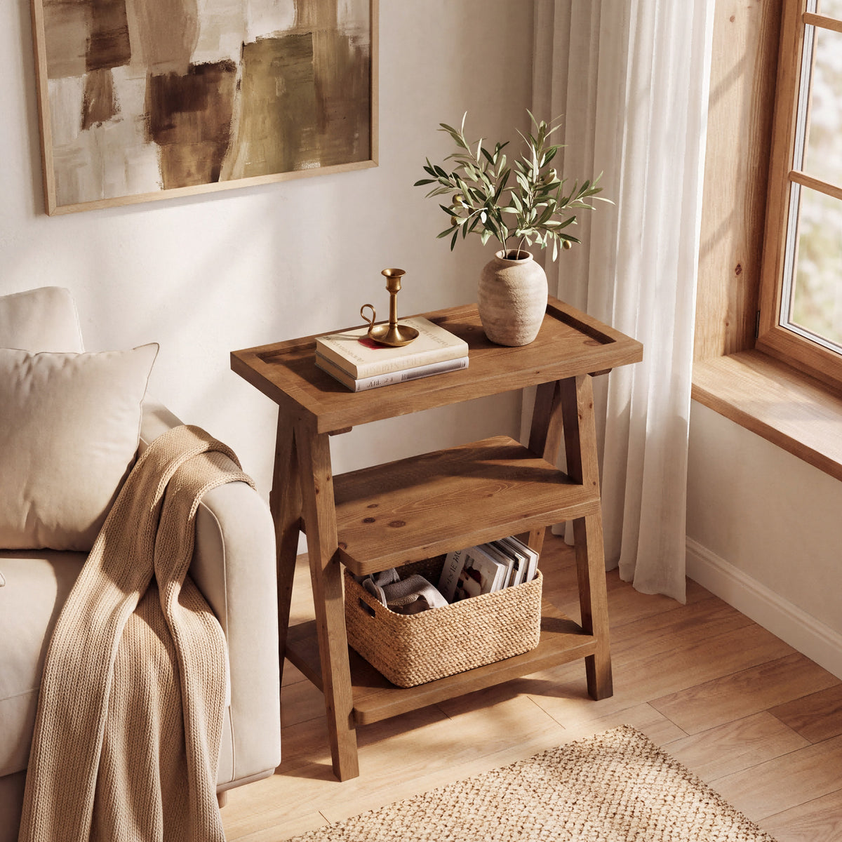 65cm Narrow Side Table, 3-Tier Solid Wood for Living Room