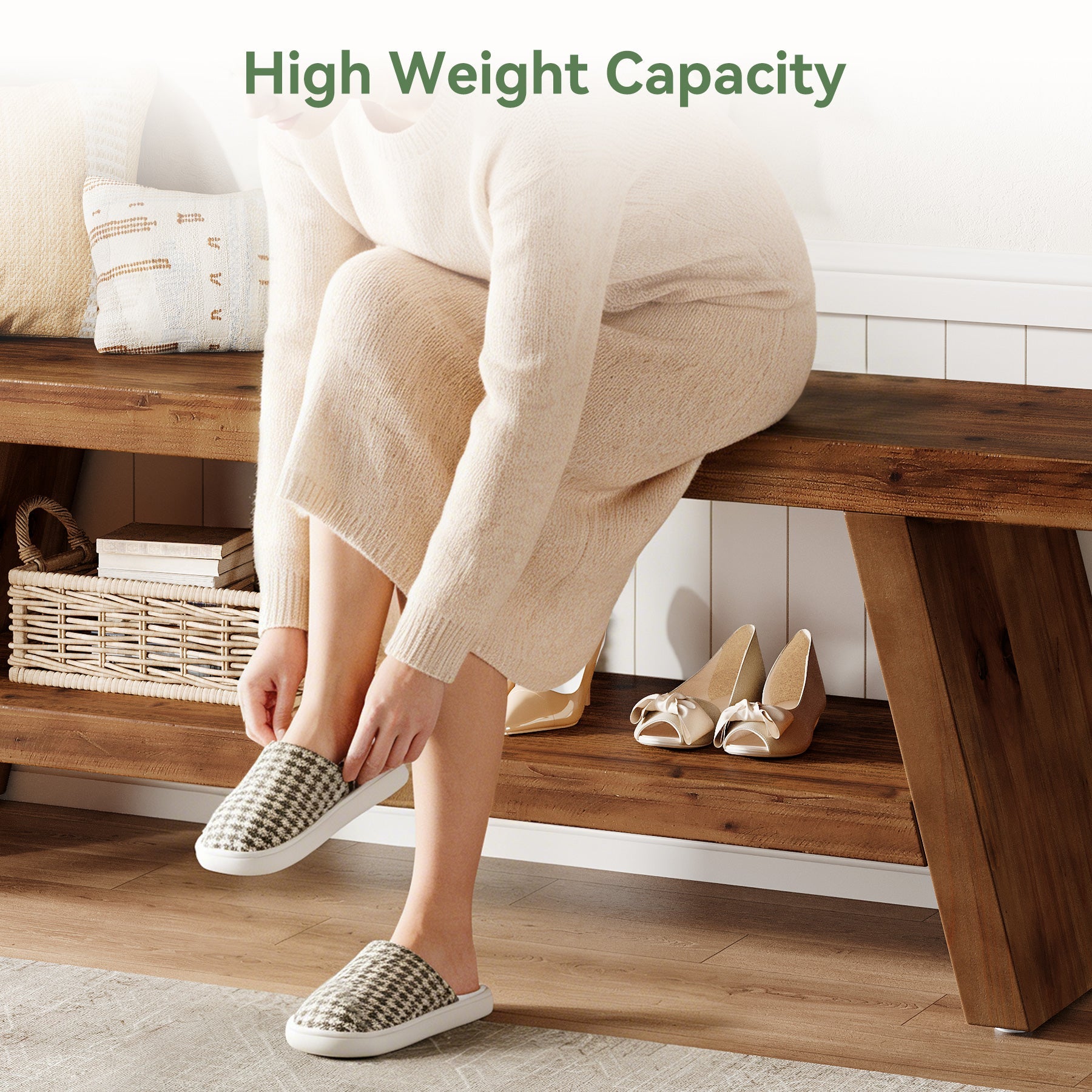 47" 2-Tier Entryway Bench, Solid Wood Shoe Bench with Open Shelves