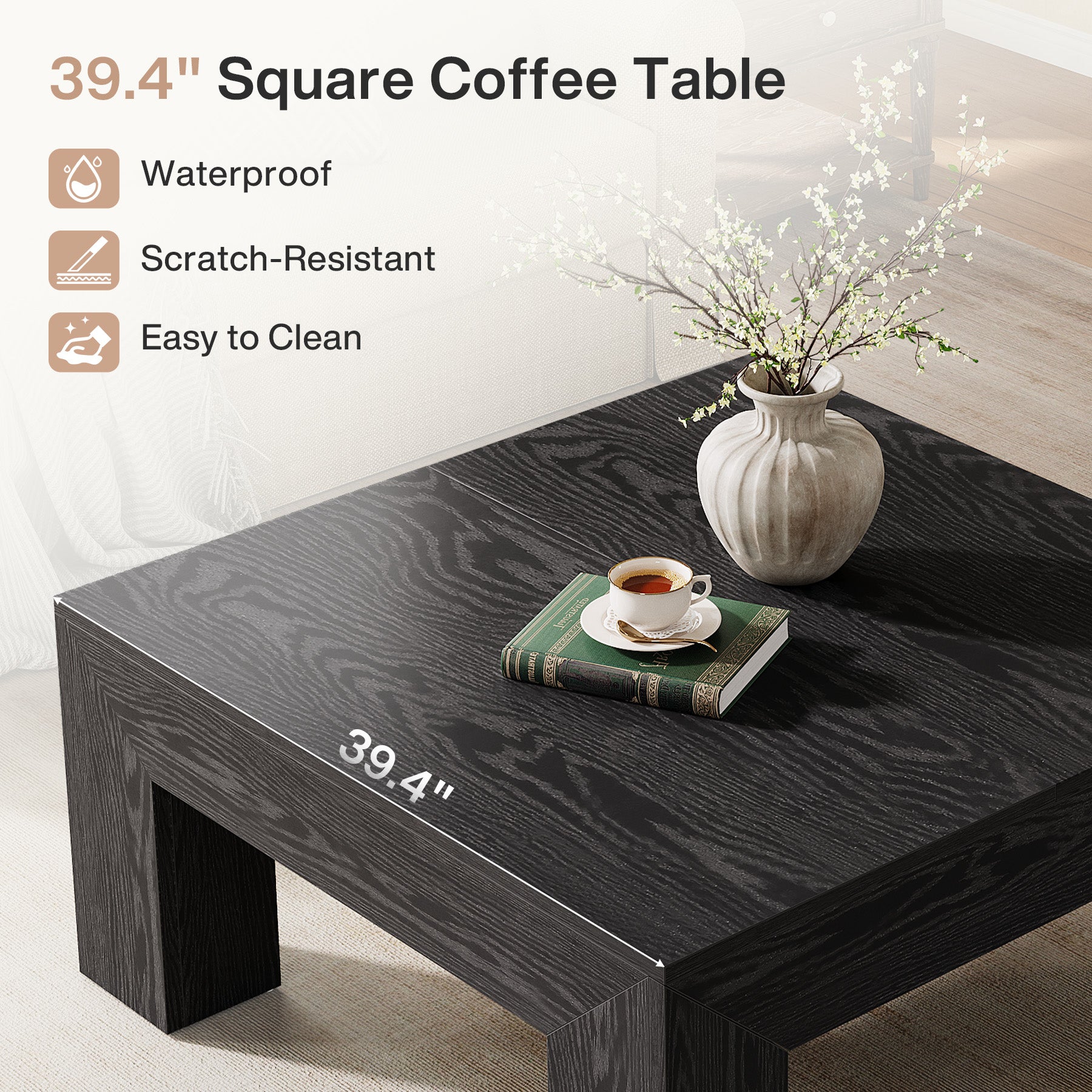 39" Square Farmhouse Coffee Table, Tea Table with Sturdy Wood Legs