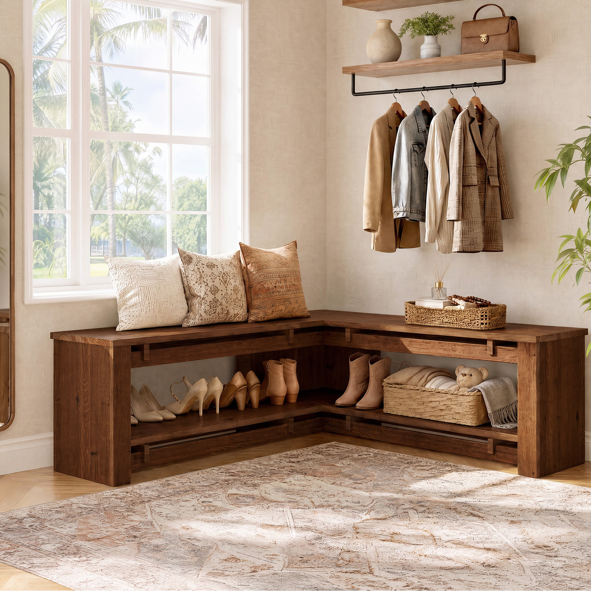 120cm L-Shaped Corner Bench, Rustic Solid Wood Shoe Storage for Entryway