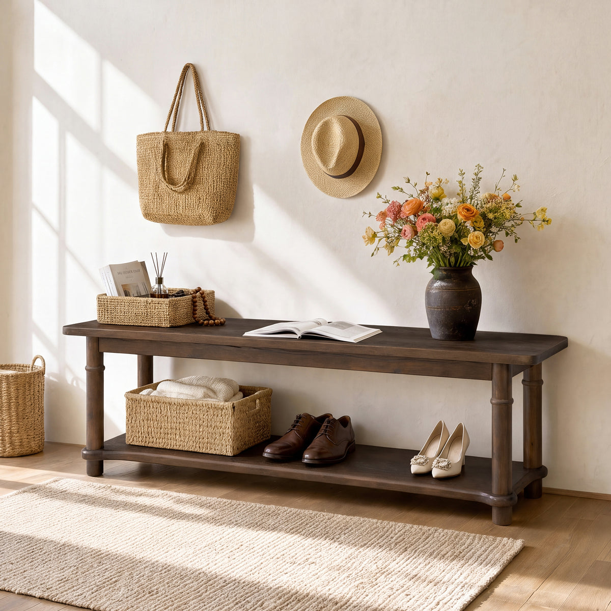 140cm Entryway Bench, Farmhouse 2-Tier Solid Wood Shoe Bench with Open Shelf