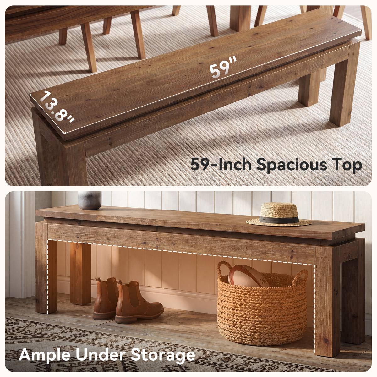 Tribesigns Solid Wood Bench 150 cm, Country-style dining bench with block legs