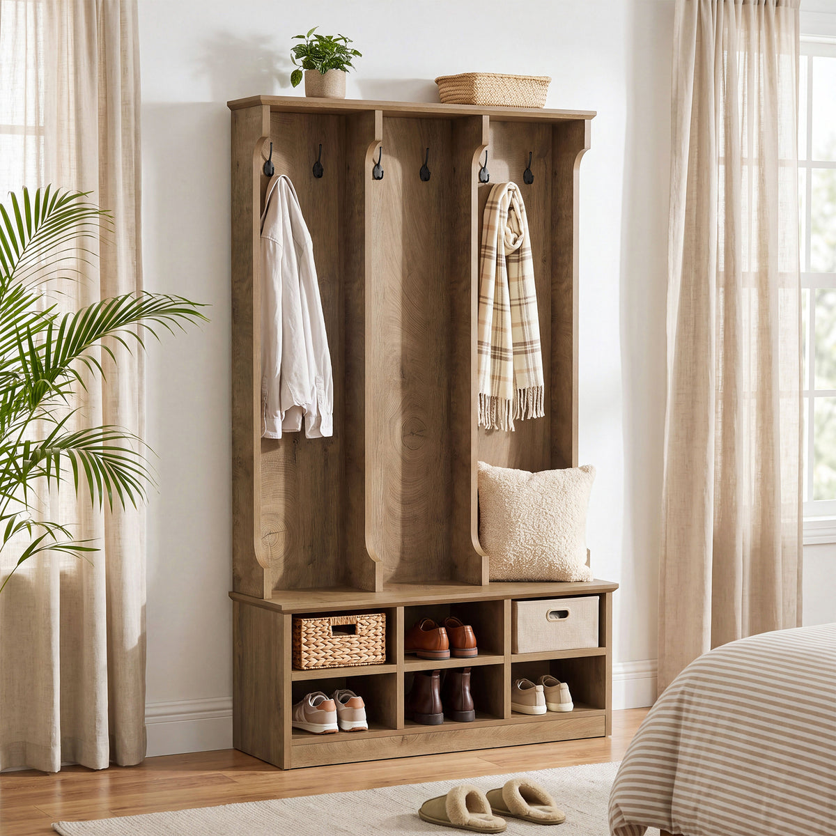 180cm Hall Tree, 3-in-1 Entryway Coat Rack with Shoe Bench & Storage