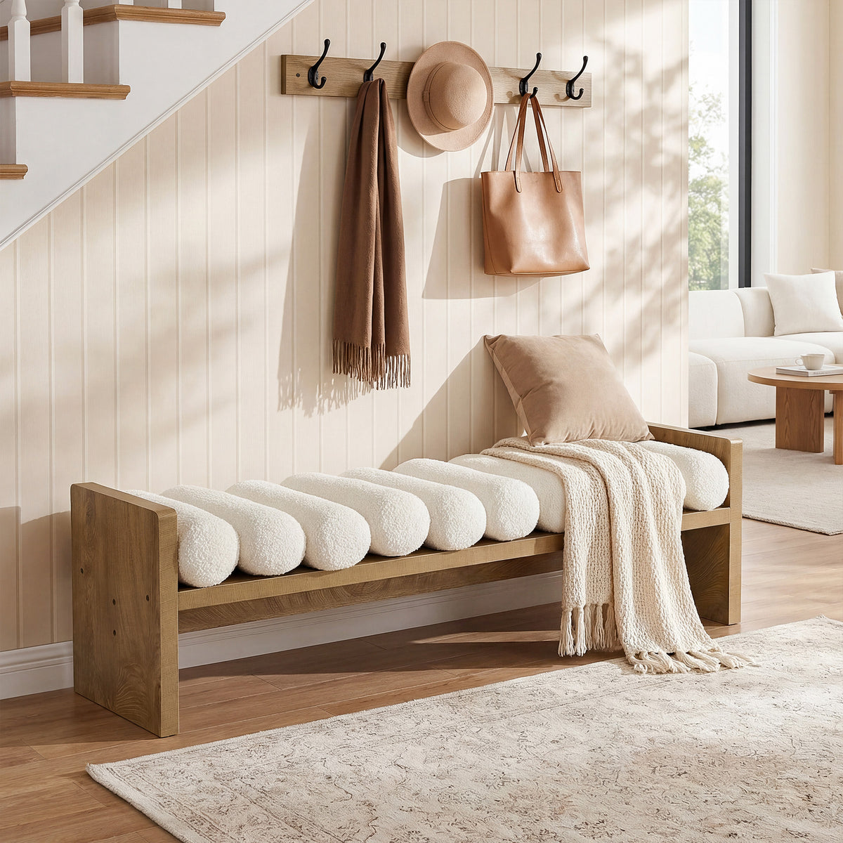 150cm Entryway Bench, Upholstered Boucle Cushion End of Bed Bench for Hallway
