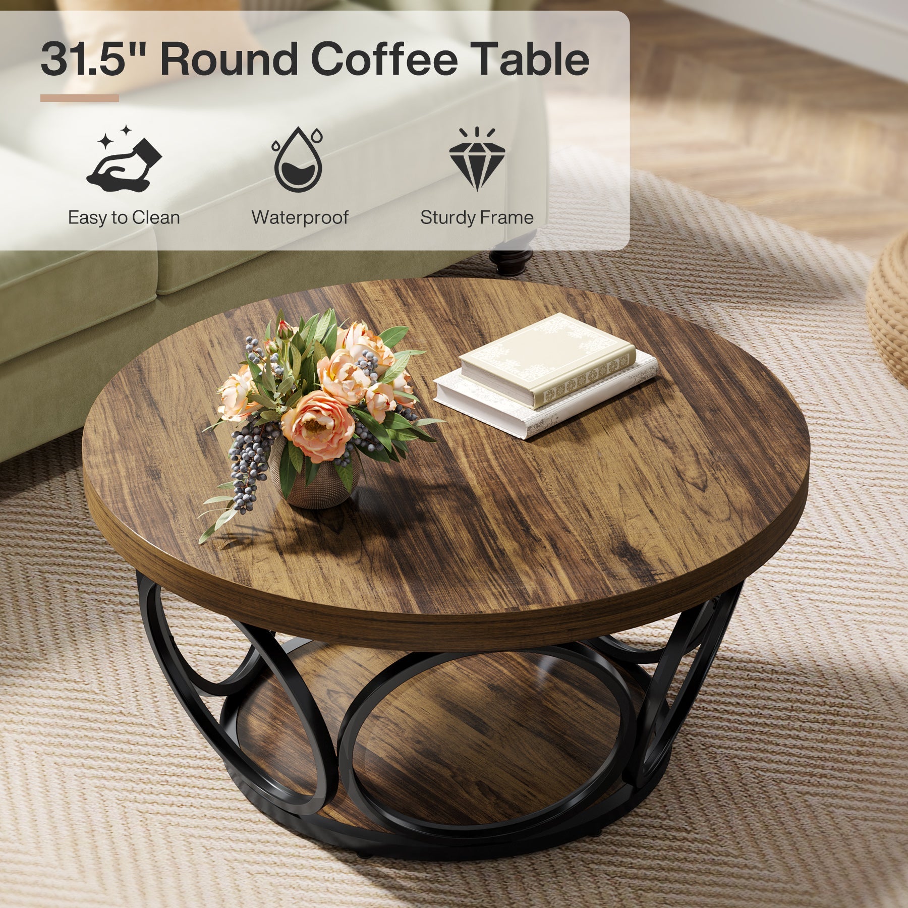Farmhouse Coffee Table, Round Center Table with 2 Storage Shelves