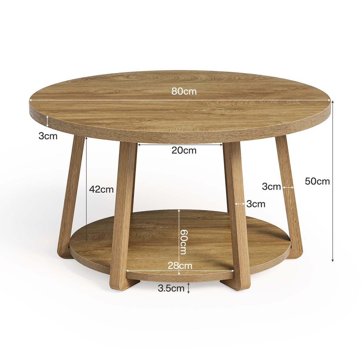80cm Round Coffee Table, 2-Tier Wooden Storage Table for Living Room