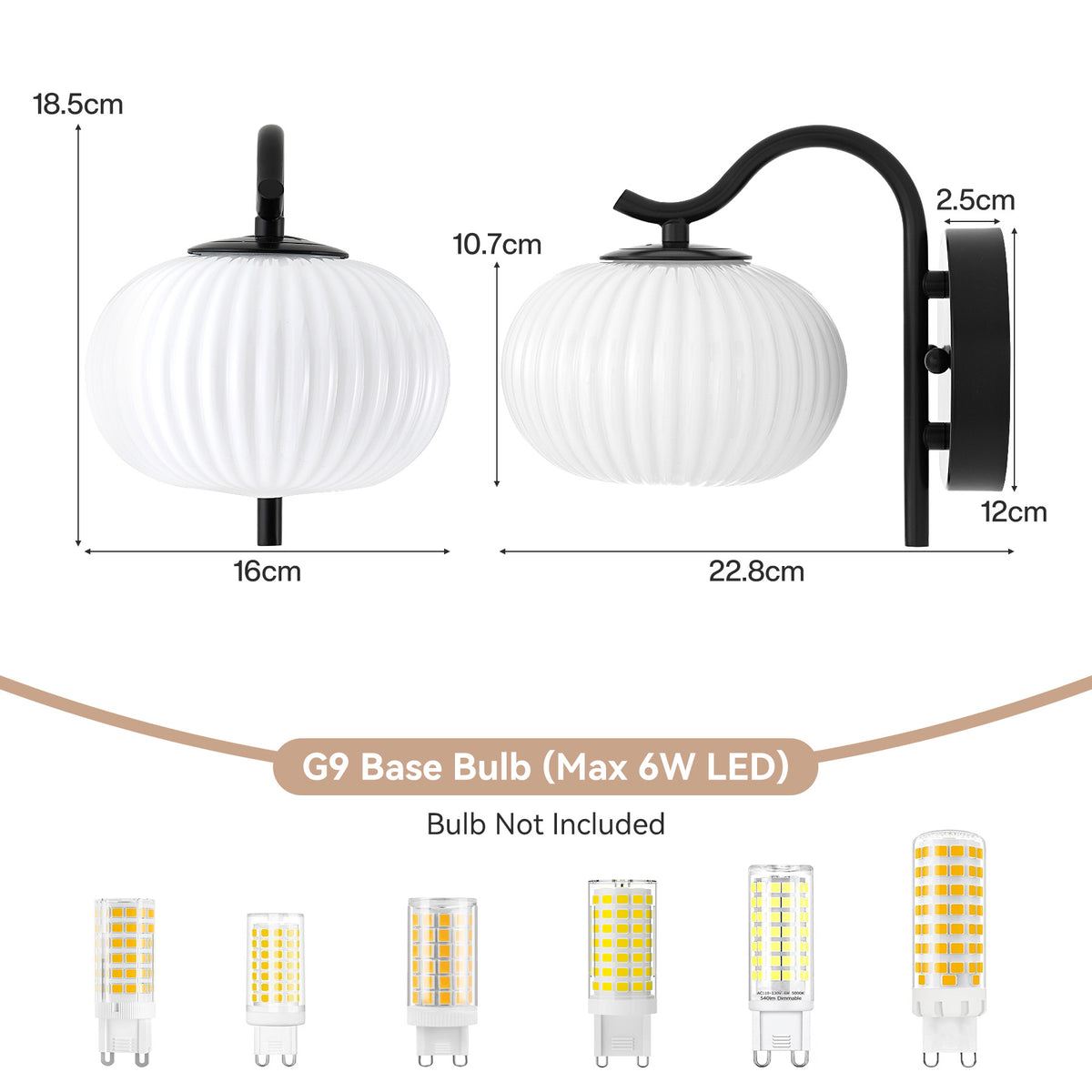 Tribesigns Wall Lights for Indoor Use, Set of 2, with ribbed, milky-white glass [Energy Class E]