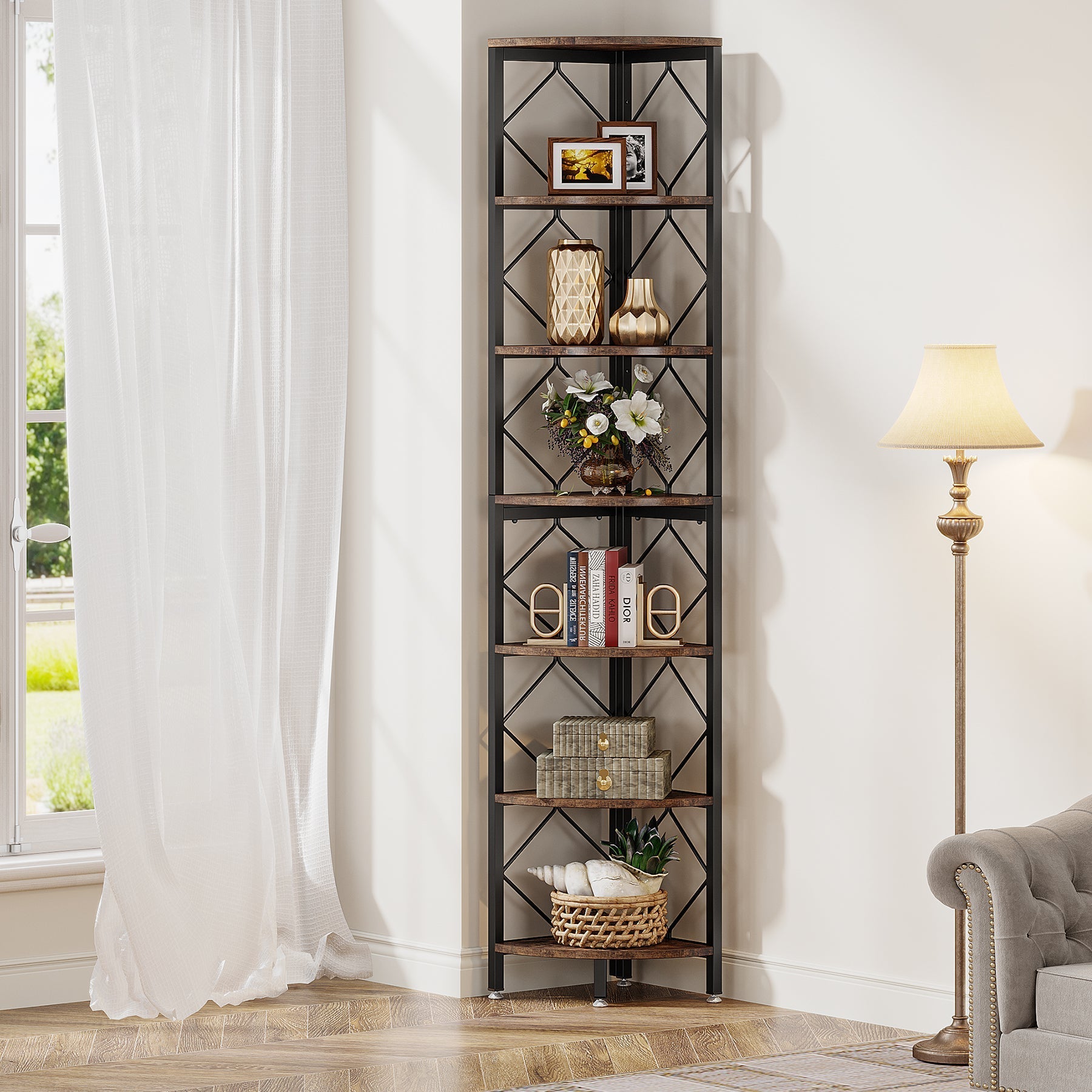 7-Tier Corner Shelf, 78.7” Corner Bookcase Slim Corner Storage Rack Tribesigns
