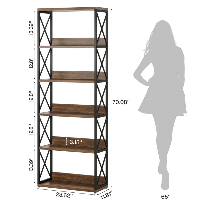 70" 6-Tier Floor Standing Bookcase, Concise Style with Open Shelves