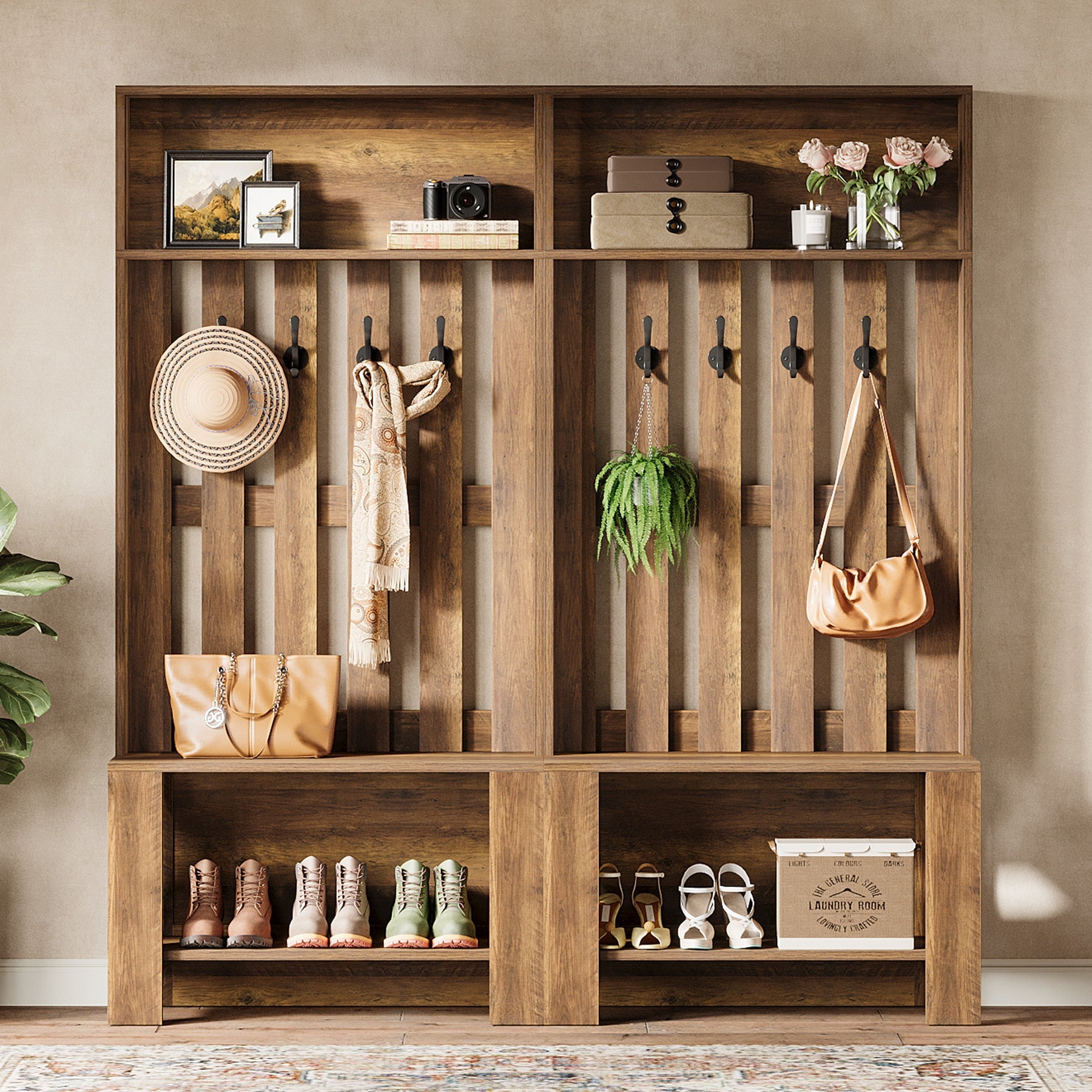70.8" Freestanding Hall Tree, Coat Rack with Shoe Bench and Hooks