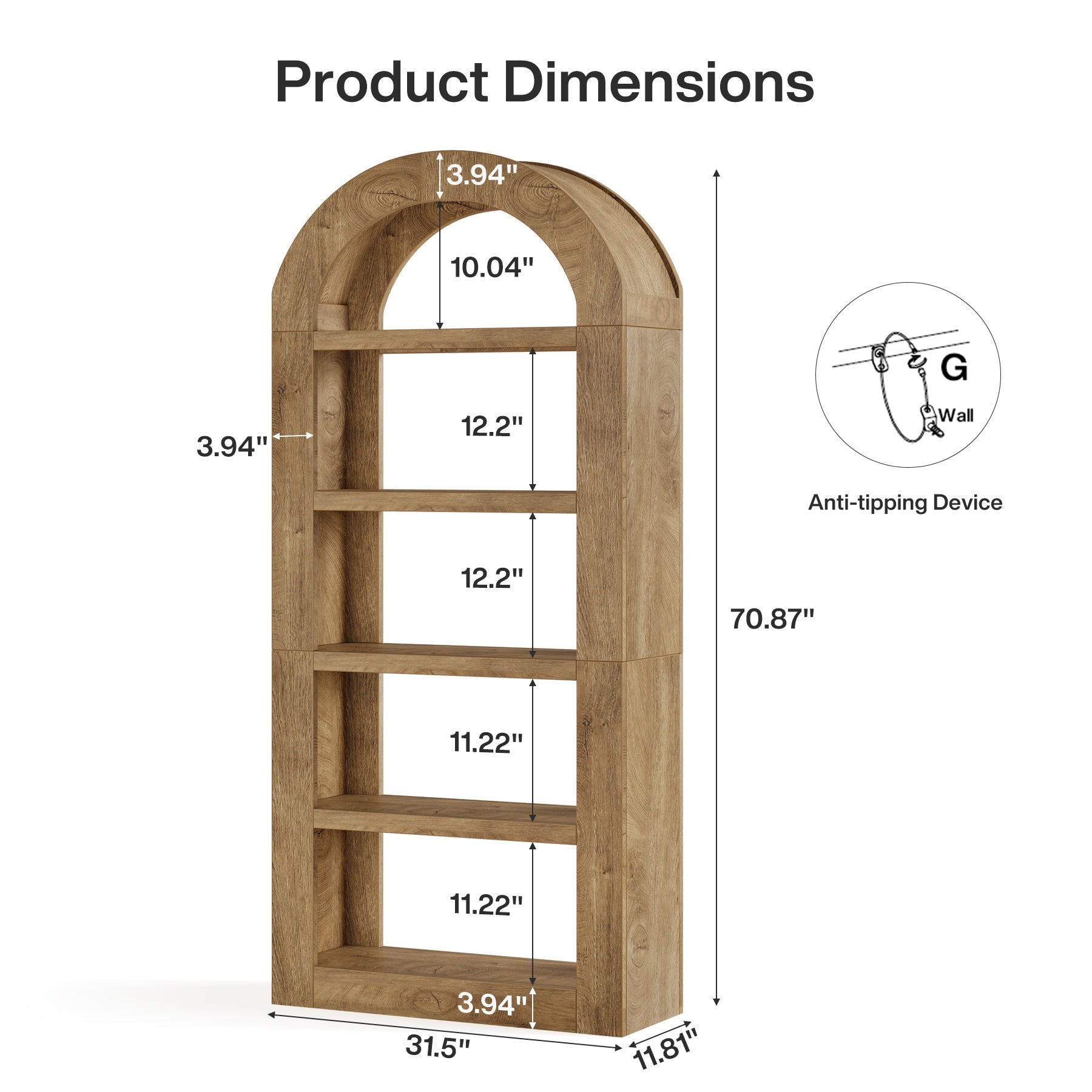 70.9" Bookshelf, 5-Tier Arched Bookcase Display Shelves Organizer