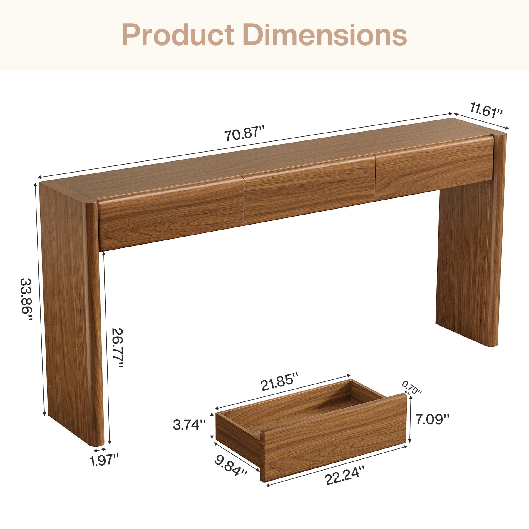 70.9" Console Table, Wooden Sofa Entryway Table with 3 Drawers