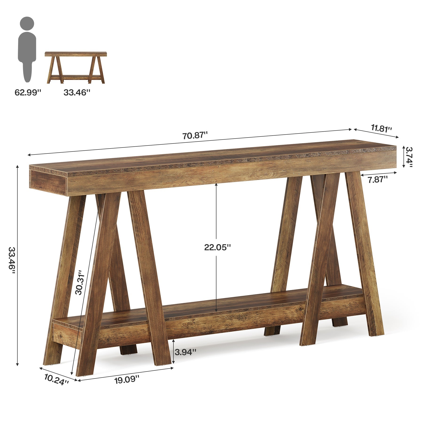 70.87" Console Table, 2 - Tier Farmhouse Entryway Table Behind Sofa Tribesigns