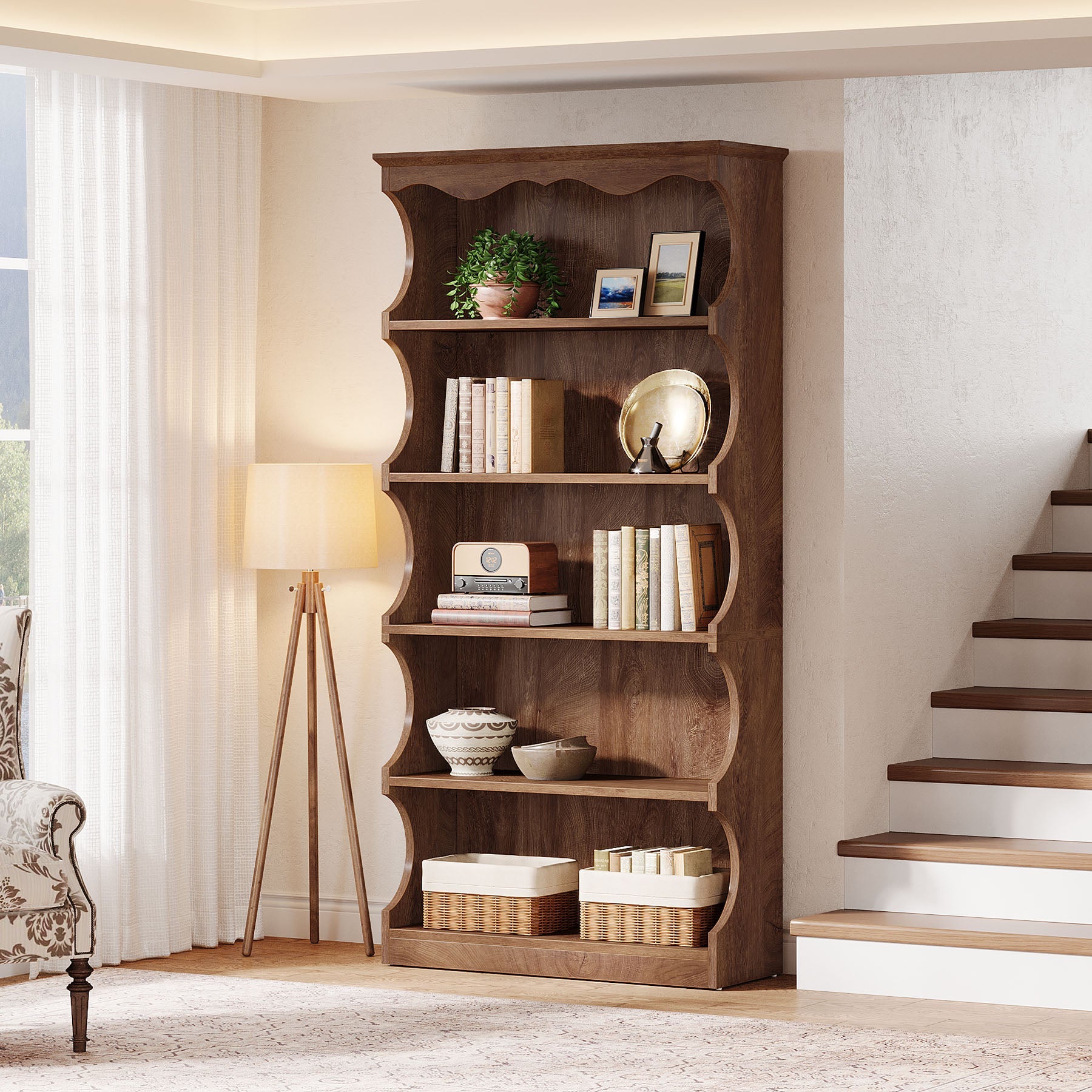70" Vintage Bookcase, 5-Tier Bookshelf Display Shelves with Unique Curved-Edge Design
