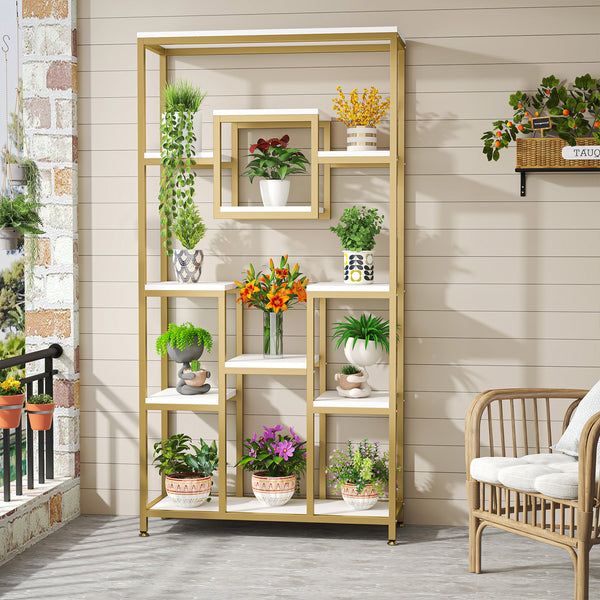 180cm Tall Bookshelf, Modern 11-Tier Display Shelf with Gold Frame