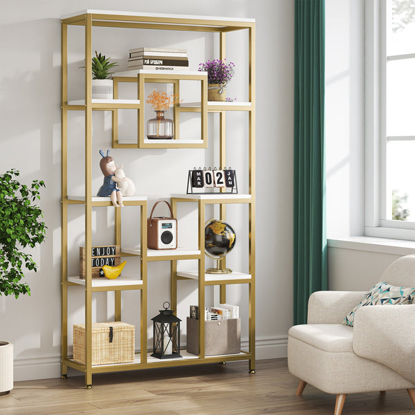 180cm Tall Bookshelf, Modern 11-Tier Display Shelf with Gold Frame