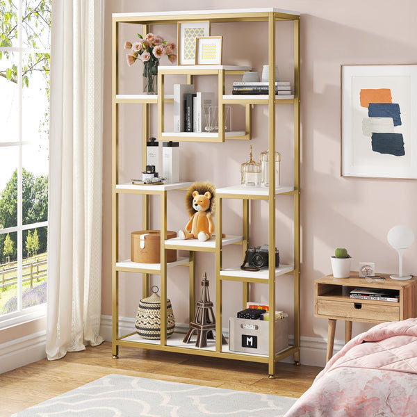 180cm Tall Bookshelf, Modern 11-Tier Display Shelf with Gold Frame