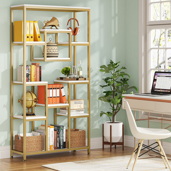 180cm Tall Bookshelf, Modern 11-Tier Display Shelf with Gold Frame