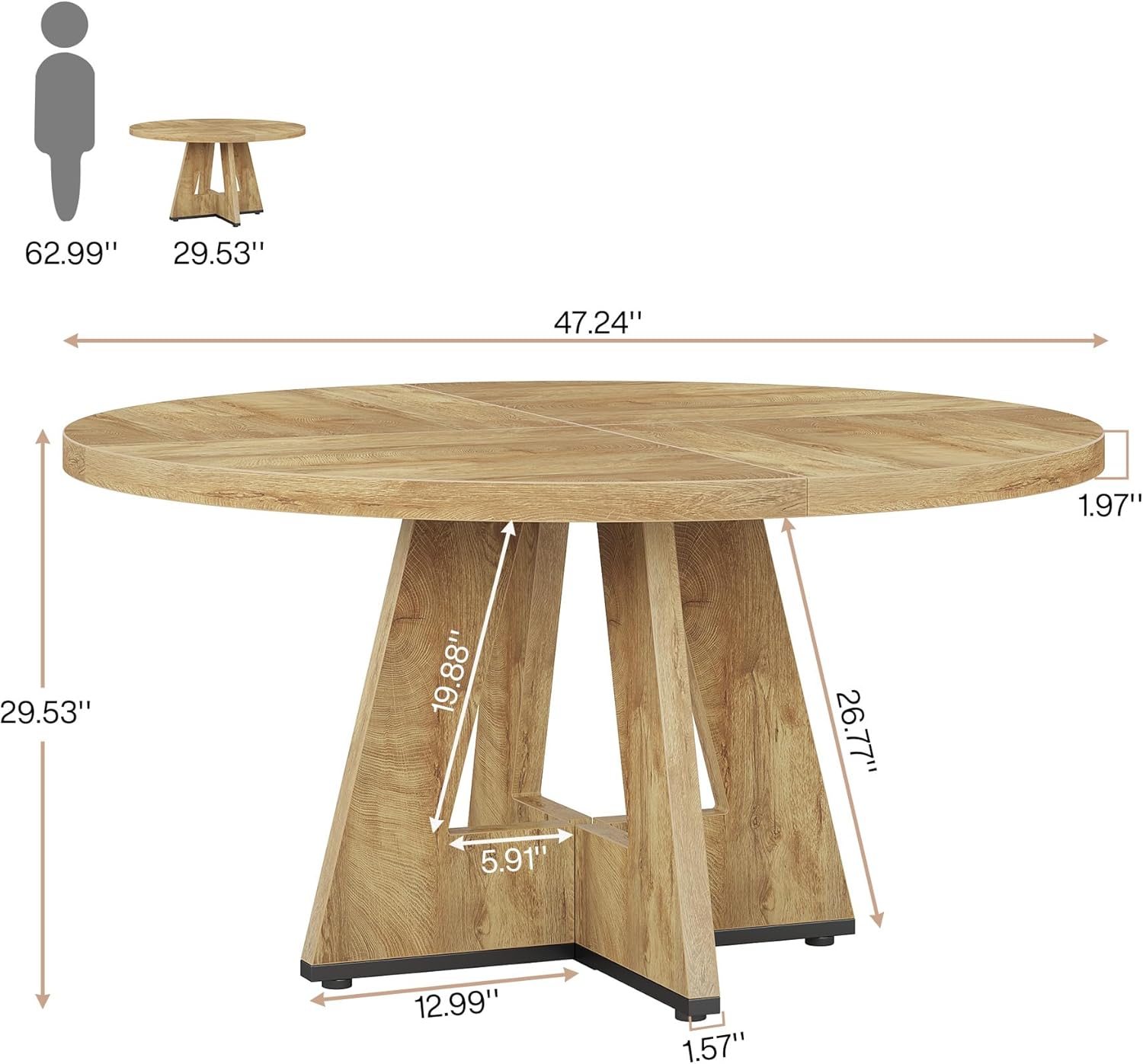 47" Round Dining Table, Farmhouse Wood Kitchen Table for 4-6 with Cross Base