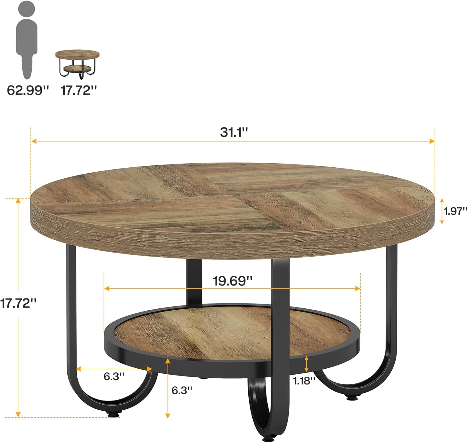 2-Tier Round Coffee Table with Storage, 31.5-Inch Center Cocktail Table