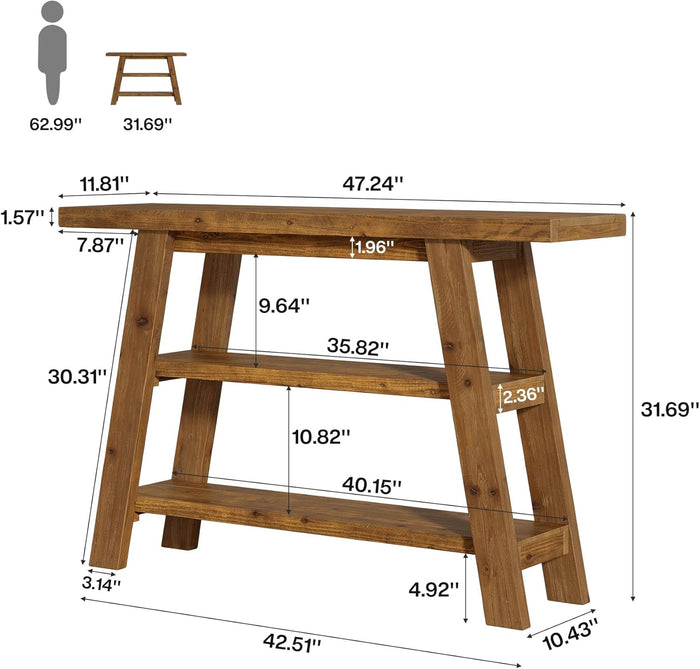120cm Console Table, 3-Tier Solid Wood Farmhouse Entryway Table