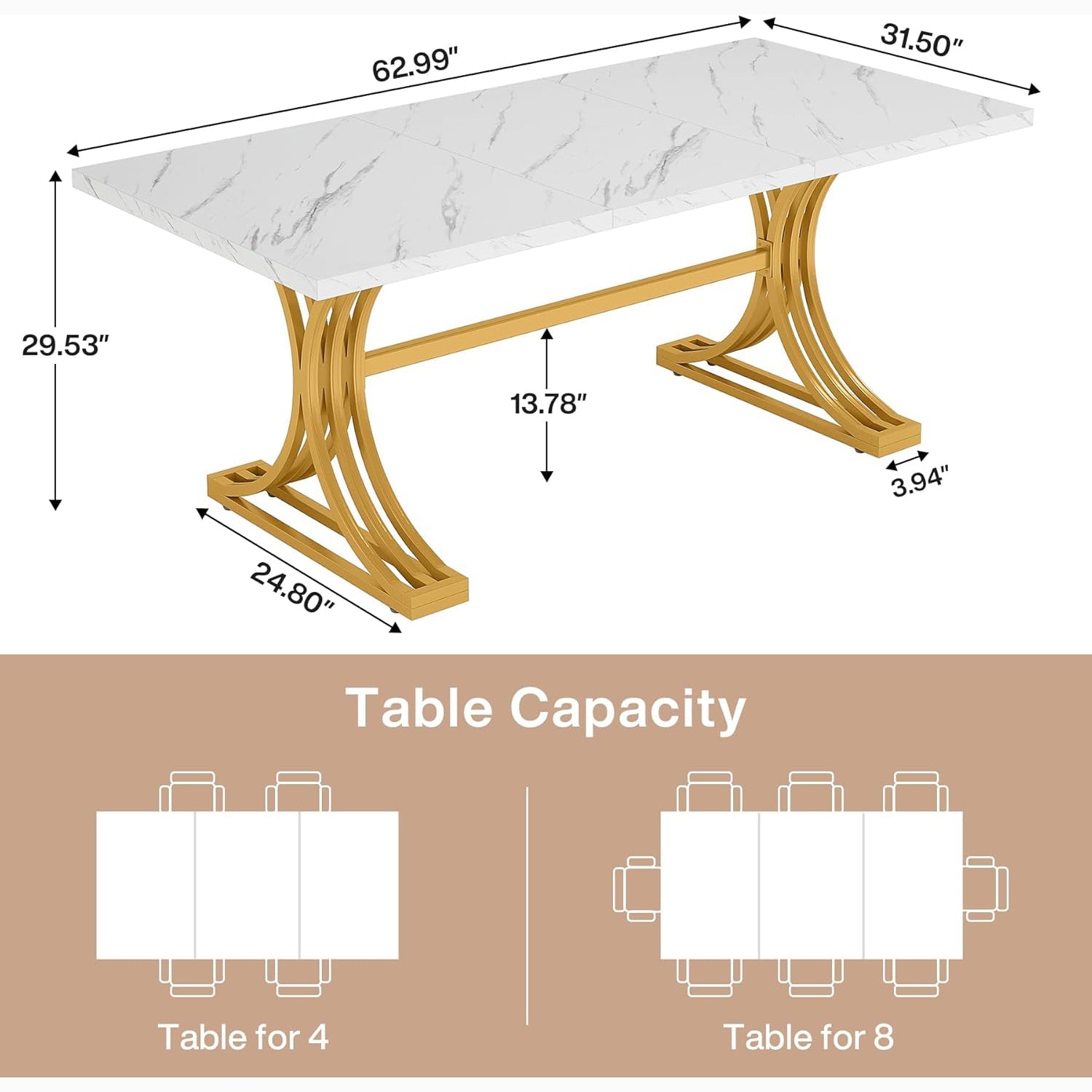63" Faux Marble Dining Table, Sophisticated White and Gold Design with Metal Leg