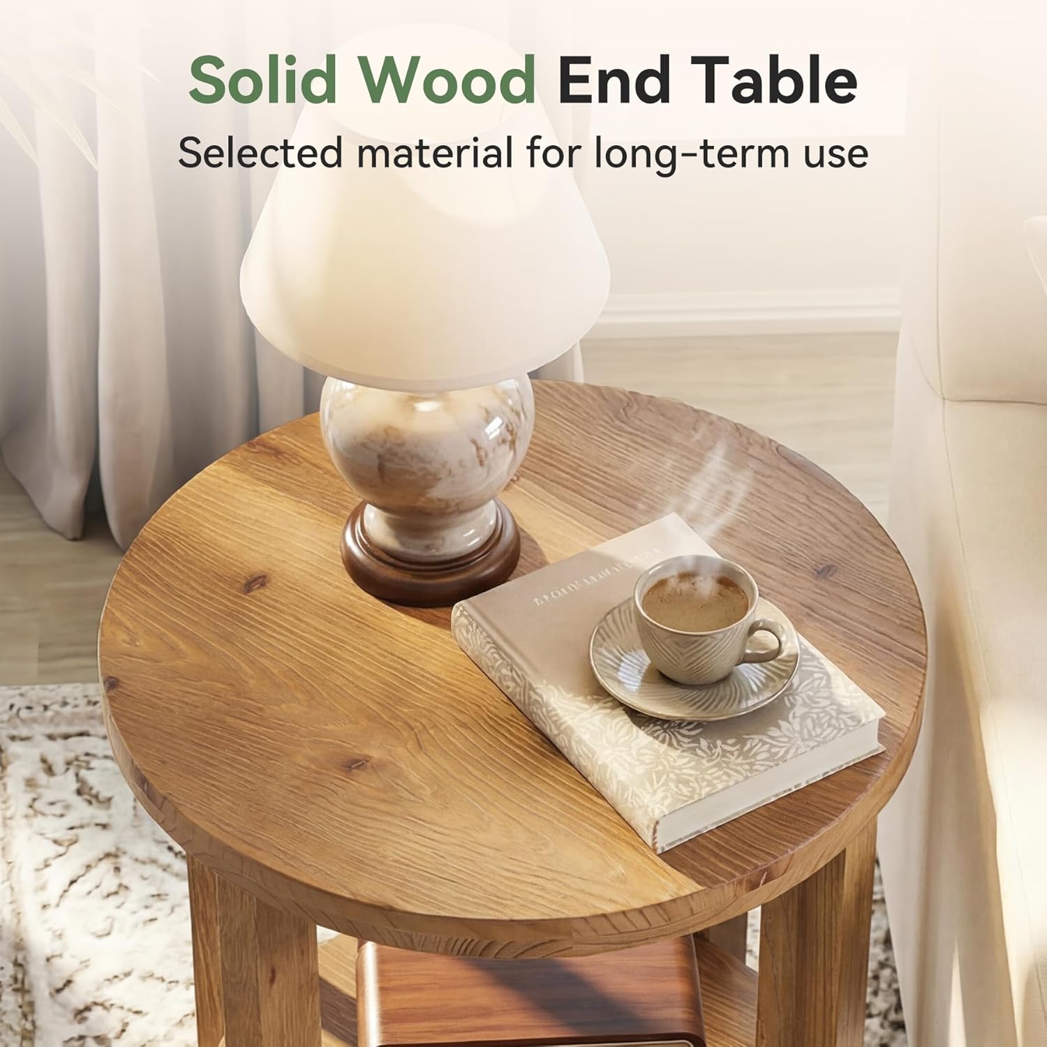 50cm 2-Tier Round End Table, Wooden Accent Table & Night Table for Living Room