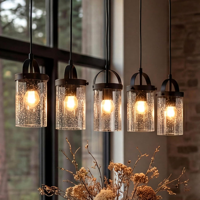 5-Light Black Linear Pendant Light, Modern Glass Chandelier