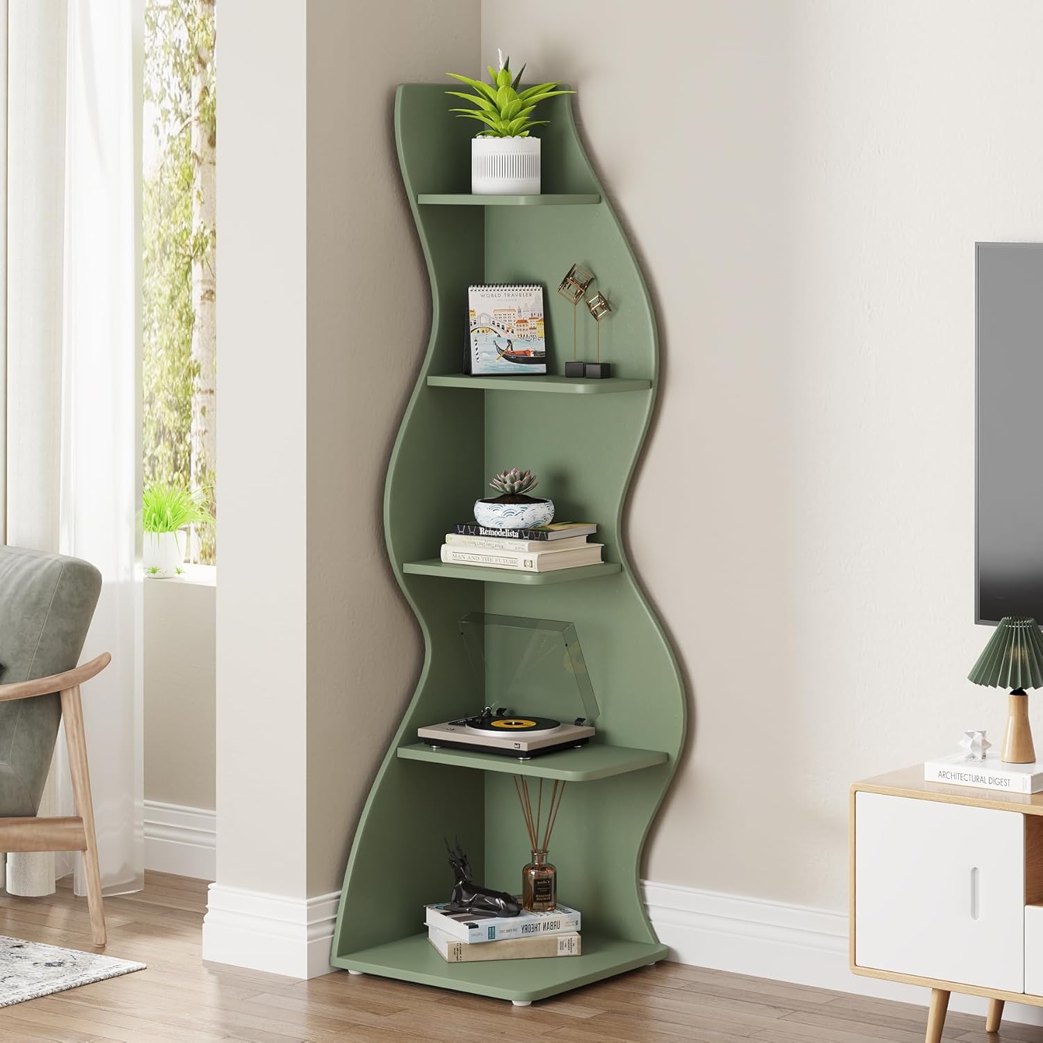 5-Tier Corner Shelf, Modern Wall Corner Bookshelf Bookcase