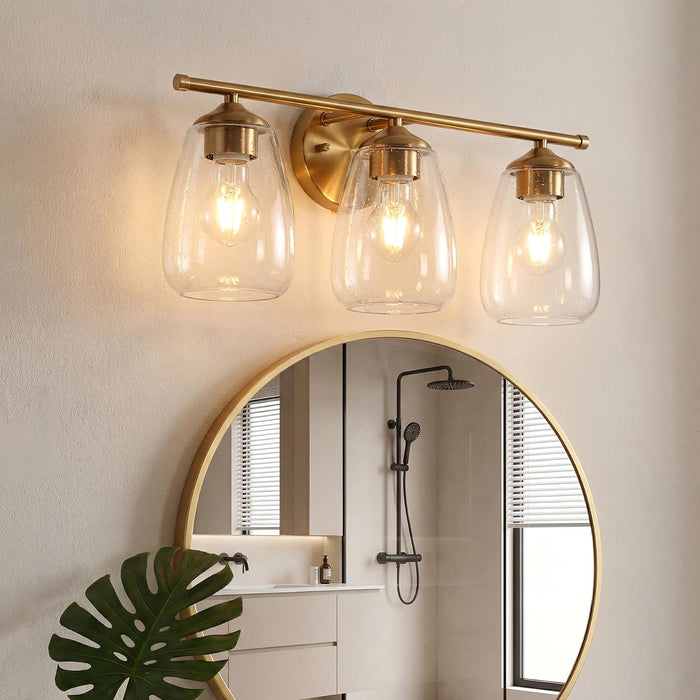 3-Light Gold Bathroom Vanity Light, Clear Glass Wall Sconce