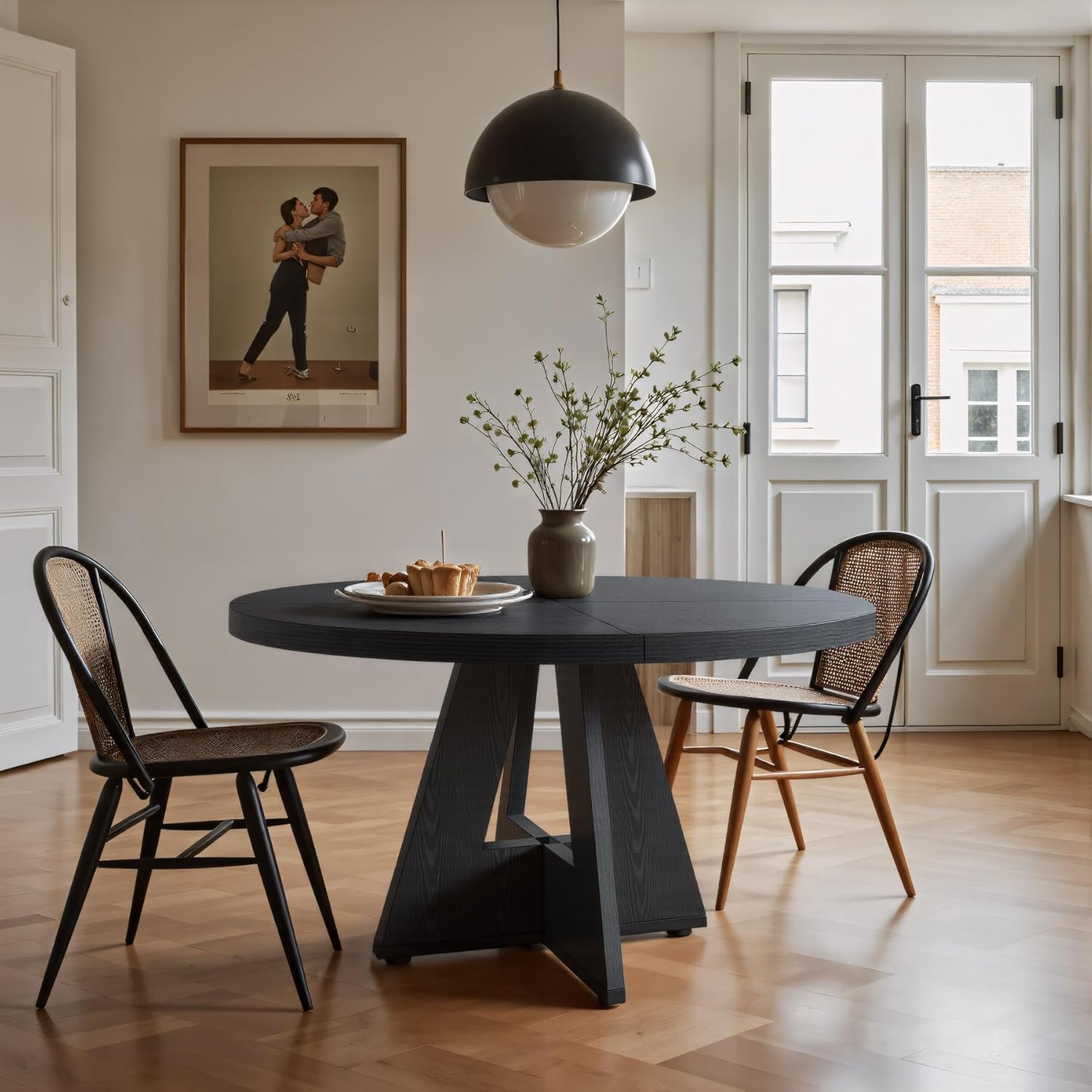 47" Round Dining Table, Farmhouse Wood Kitchen Table for 4-6 with Cross Base
