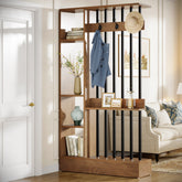 71" Wall Room Divider, Wood Freestanding Wall Partition Bookcase with Coat Hooks#Color_Brown 3
